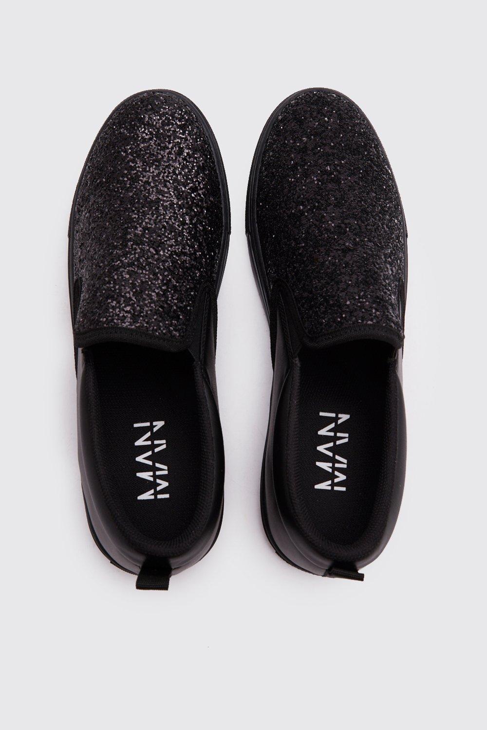 black glitter slip ons