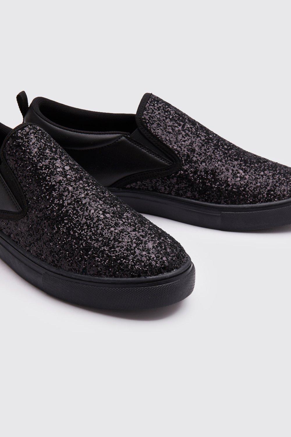 black sparkle slip on shoes