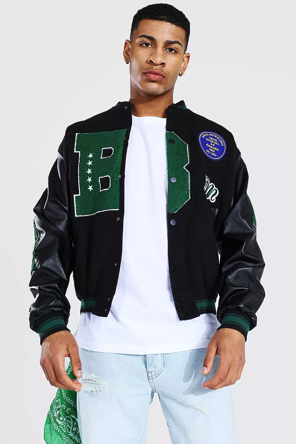 Tall Black Faux Leather Embroidered Varsity Bomber Jacket