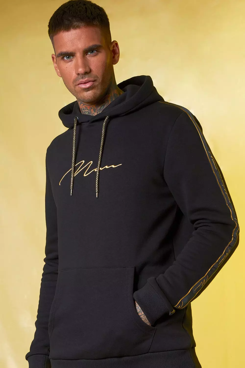 TS3169 Mens Fashion Hooded Tracksuit Black Gold