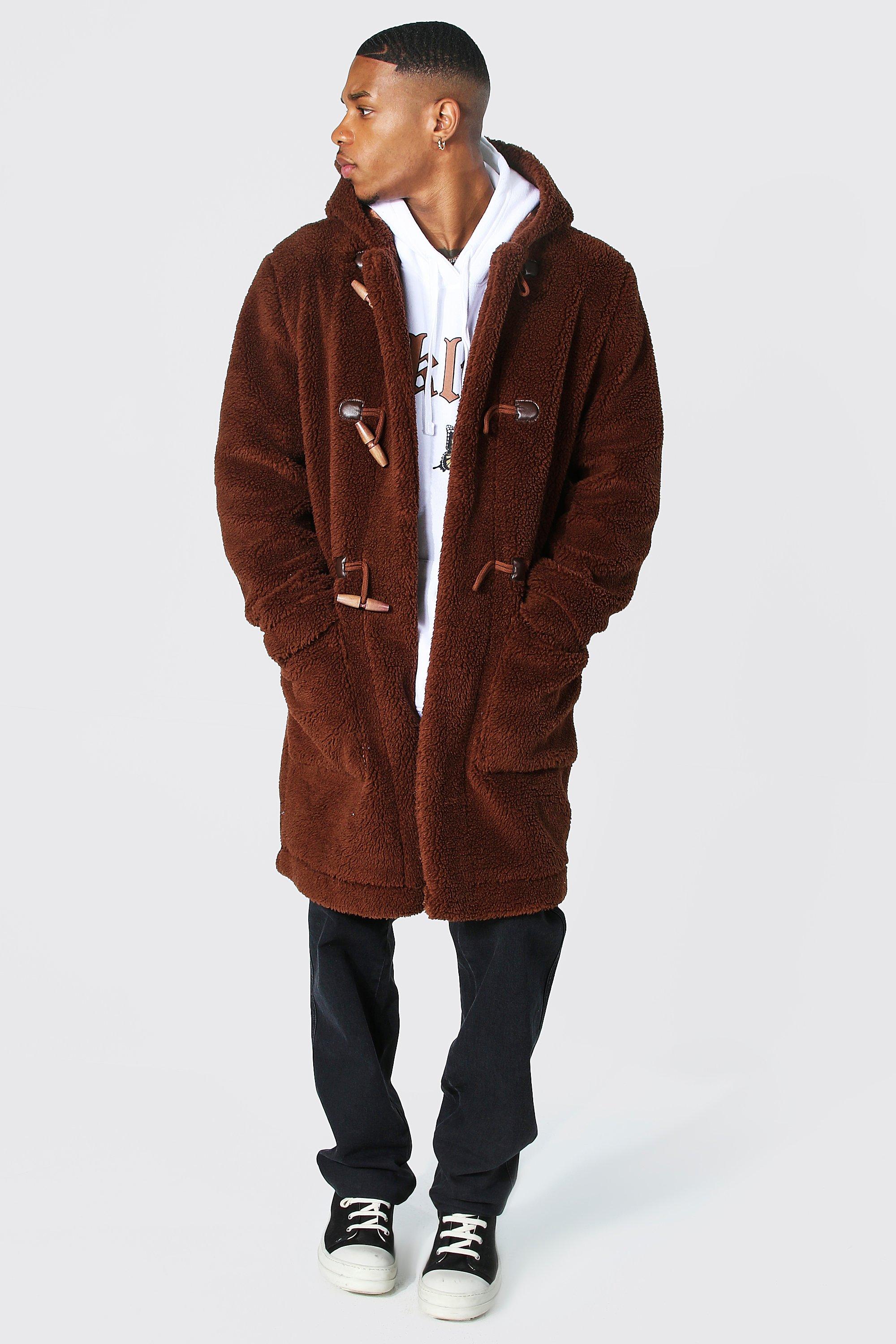 Mens Clothing Coats Long coats and winter coats BoohooMAN Denim Tall Borg Hooded Duffle Coat in Tan for Men Brown 