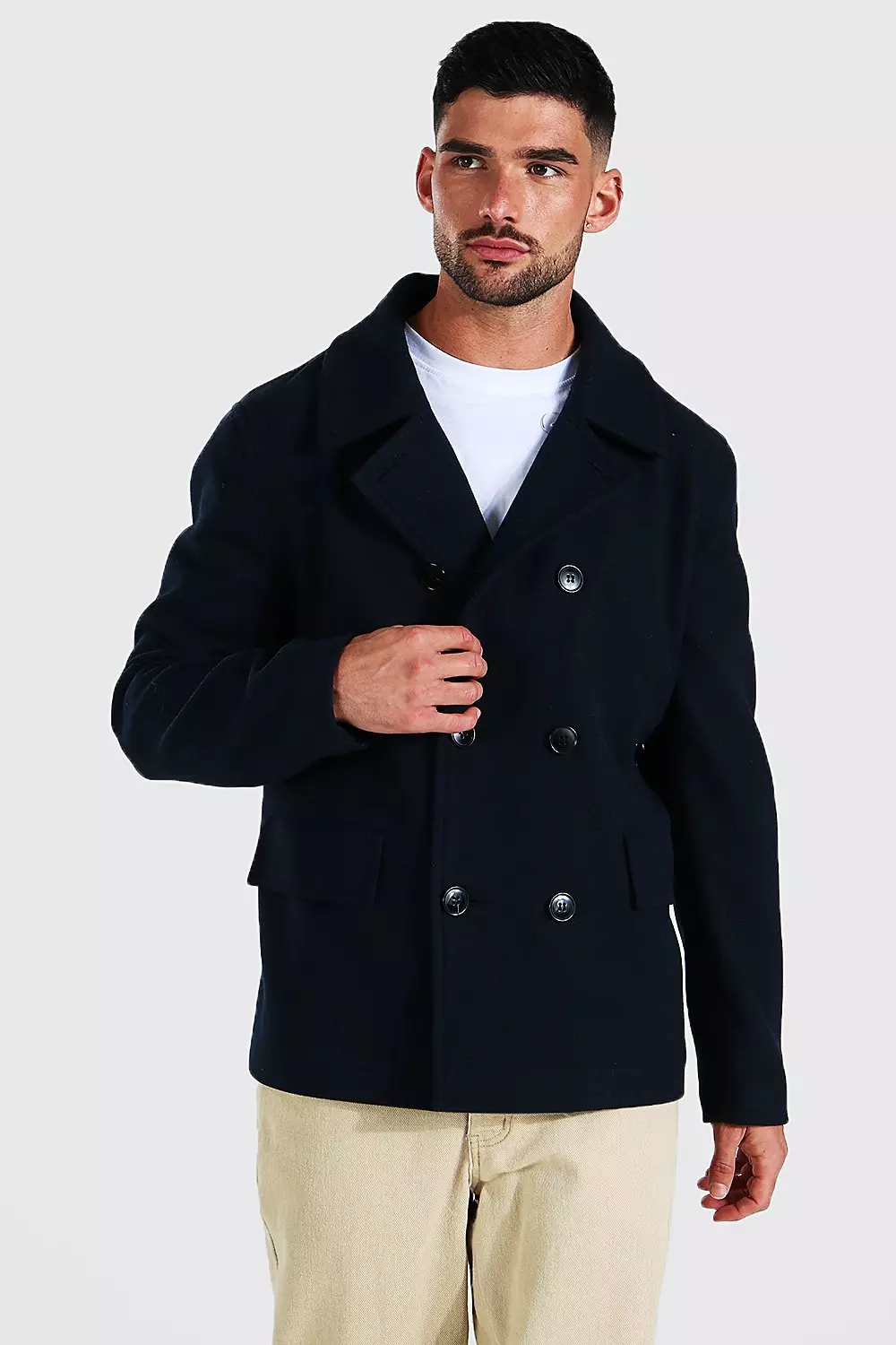 Mens wool pea on sale coat with hood