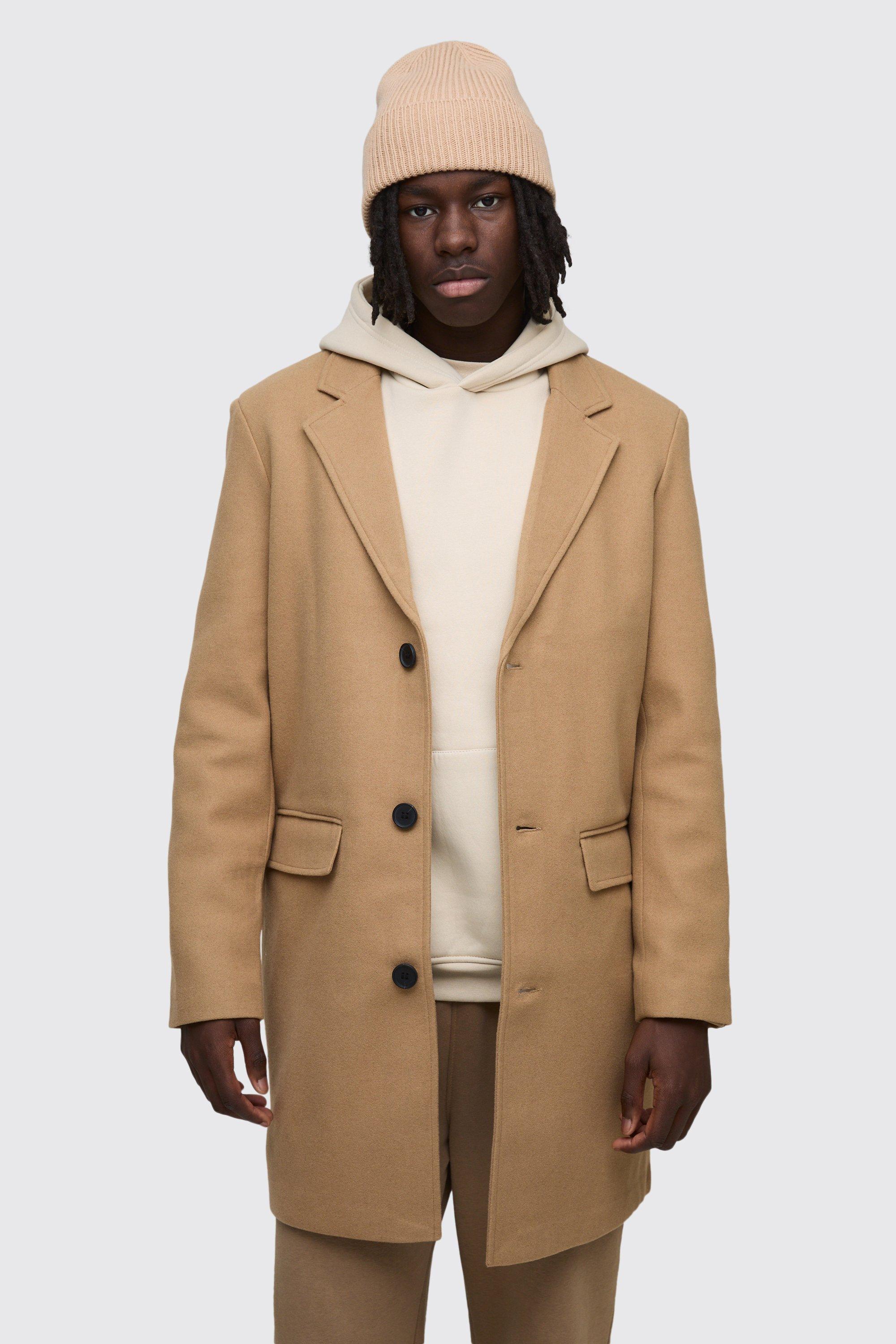 Mens Beige Single Breasted Wool Look Overcoat in Camel, Beige