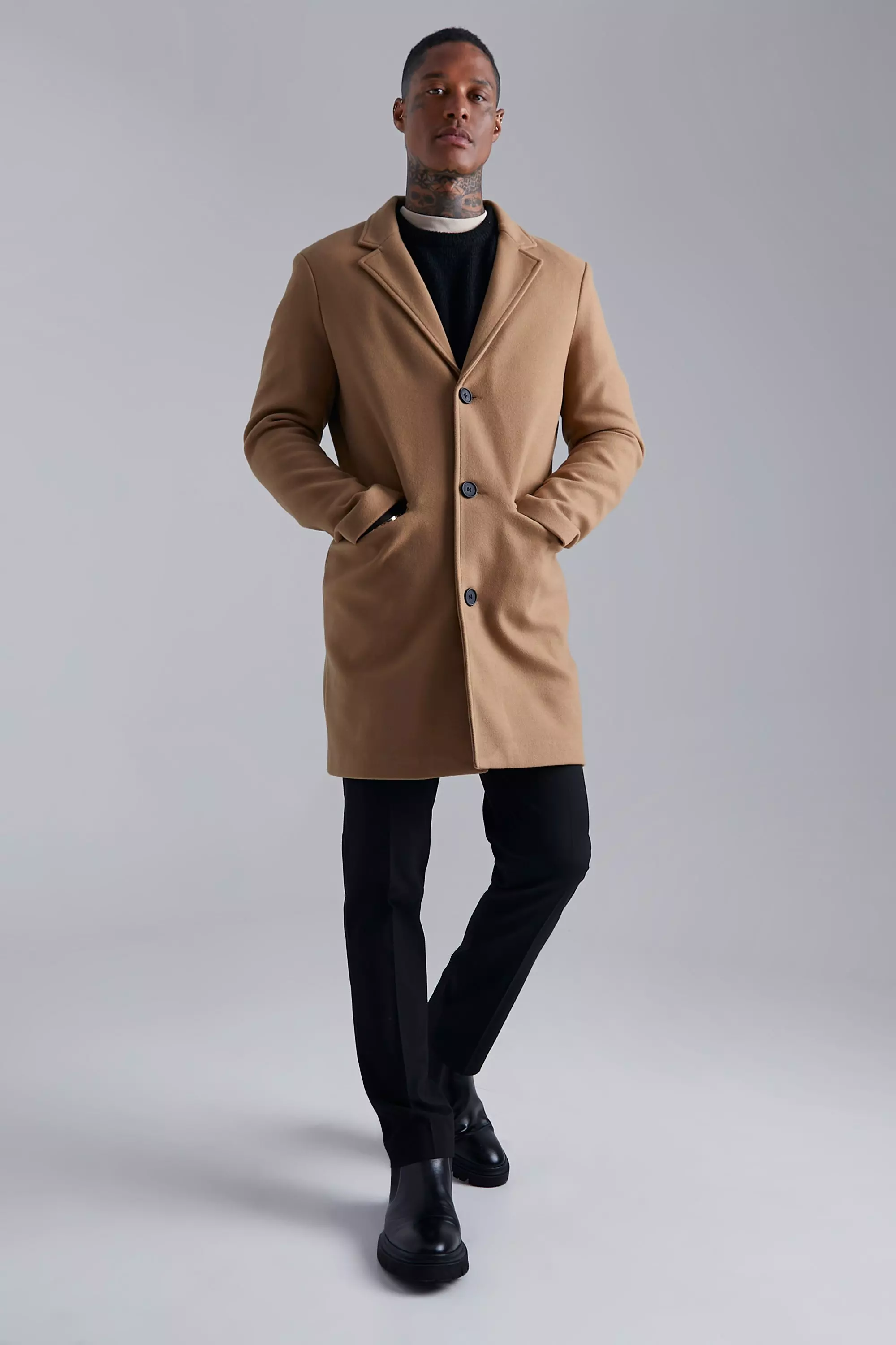 Boohooman overcoat hotsell in camel