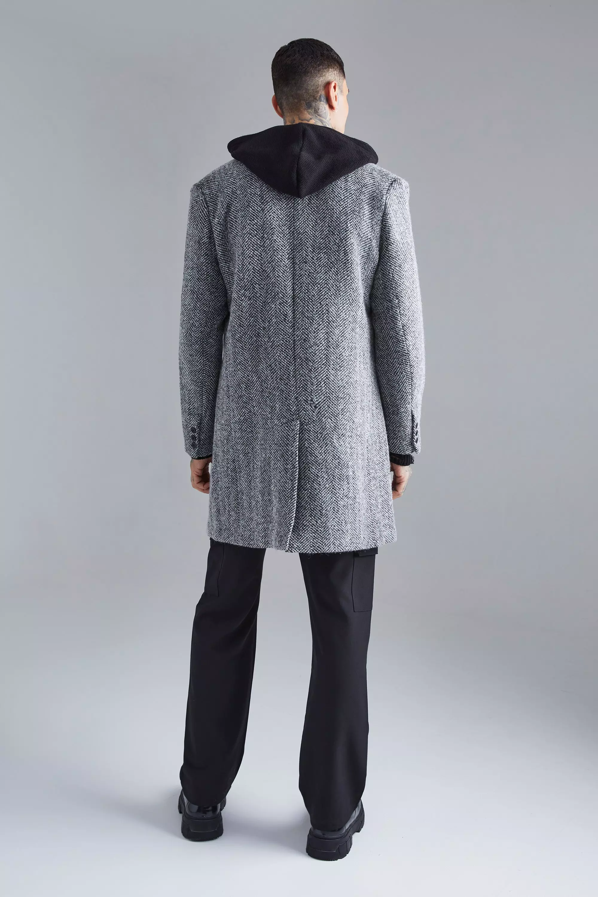 Wool Blend Herringbone Overcoat | boohooMAN USA