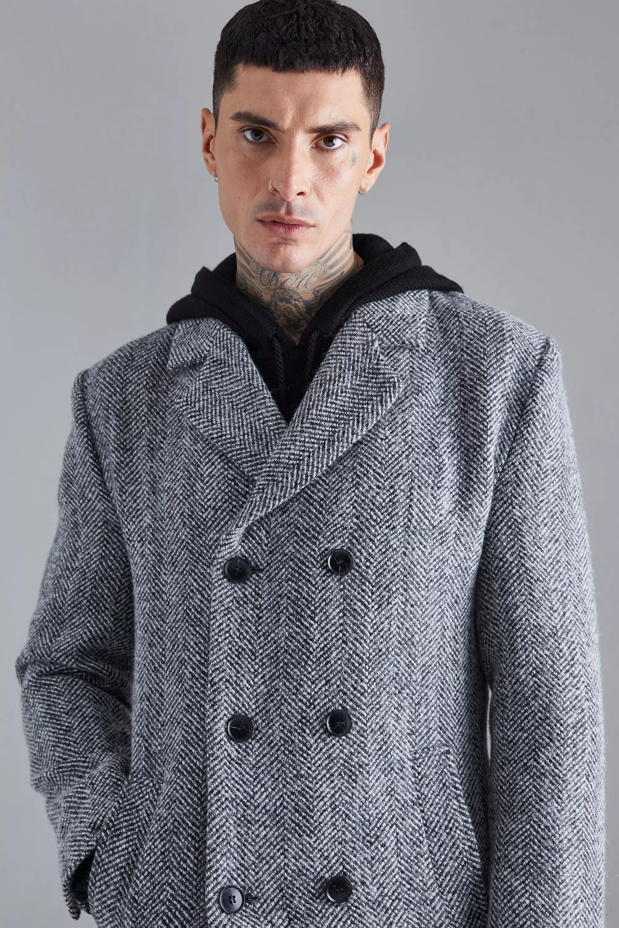 Wool Blend Herringbone Double Breasted Overcoat