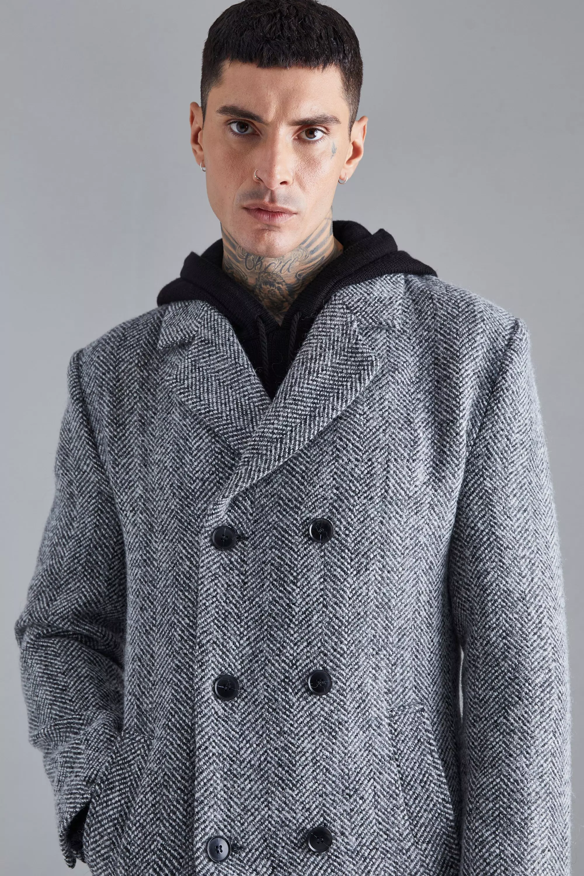 Wool Blend Herringbone Overcoat | boohooMAN USA