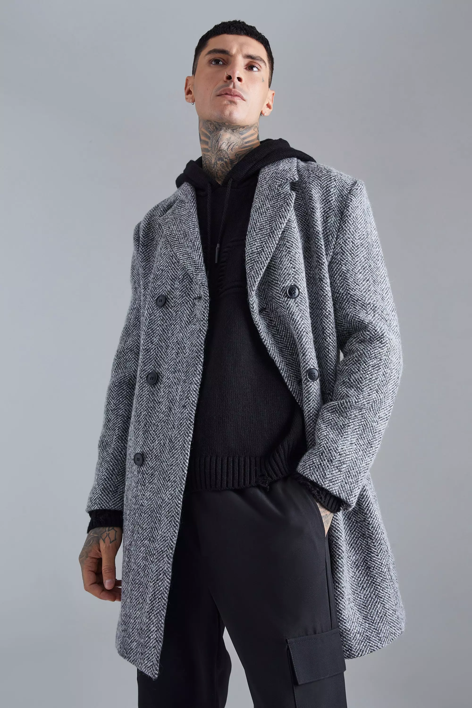 Wool Blend Herringbone Overcoat | boohooMAN USA