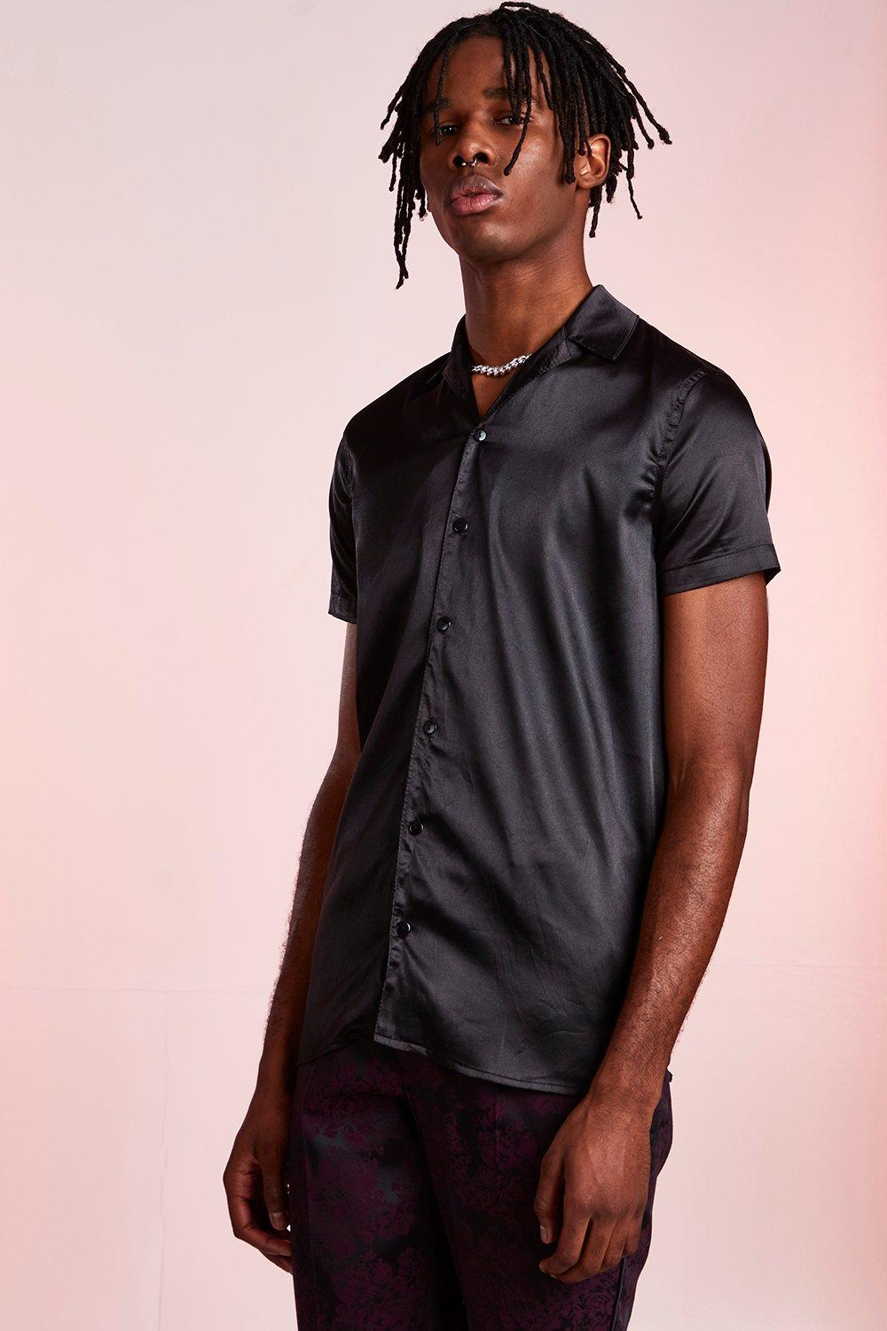 

Short Sleeve Satin Shirt, Black