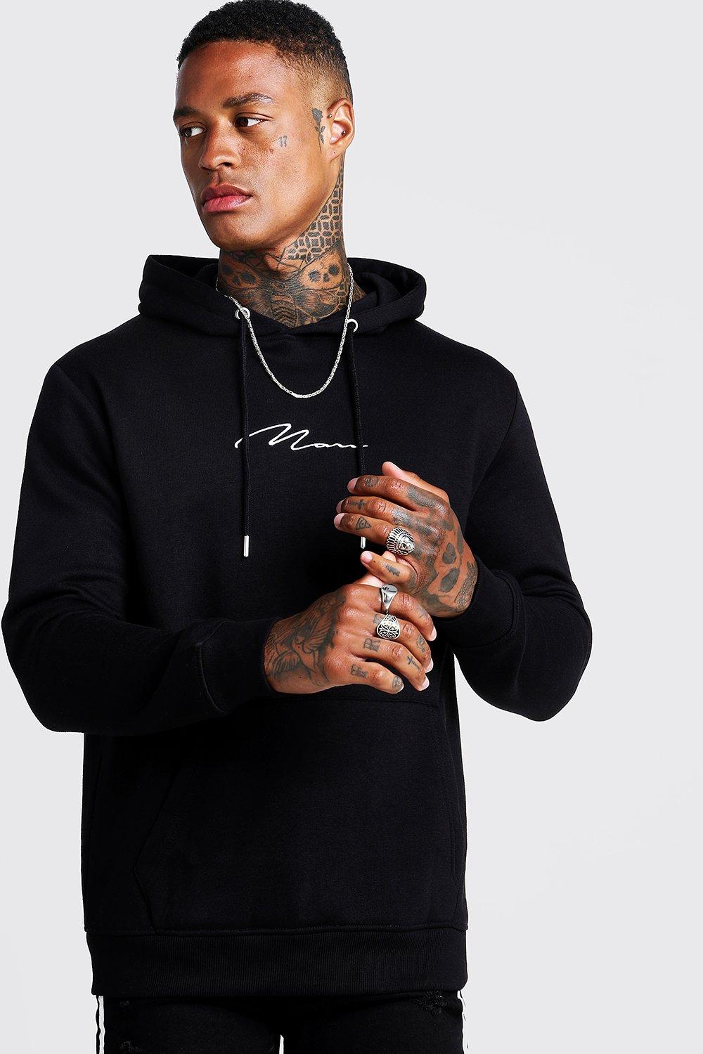 boohooman hoodie with man embroidery in black