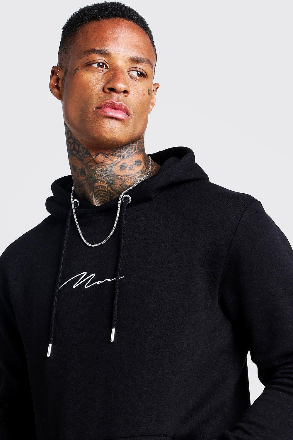 boohooman hoodie with man embroidery in black