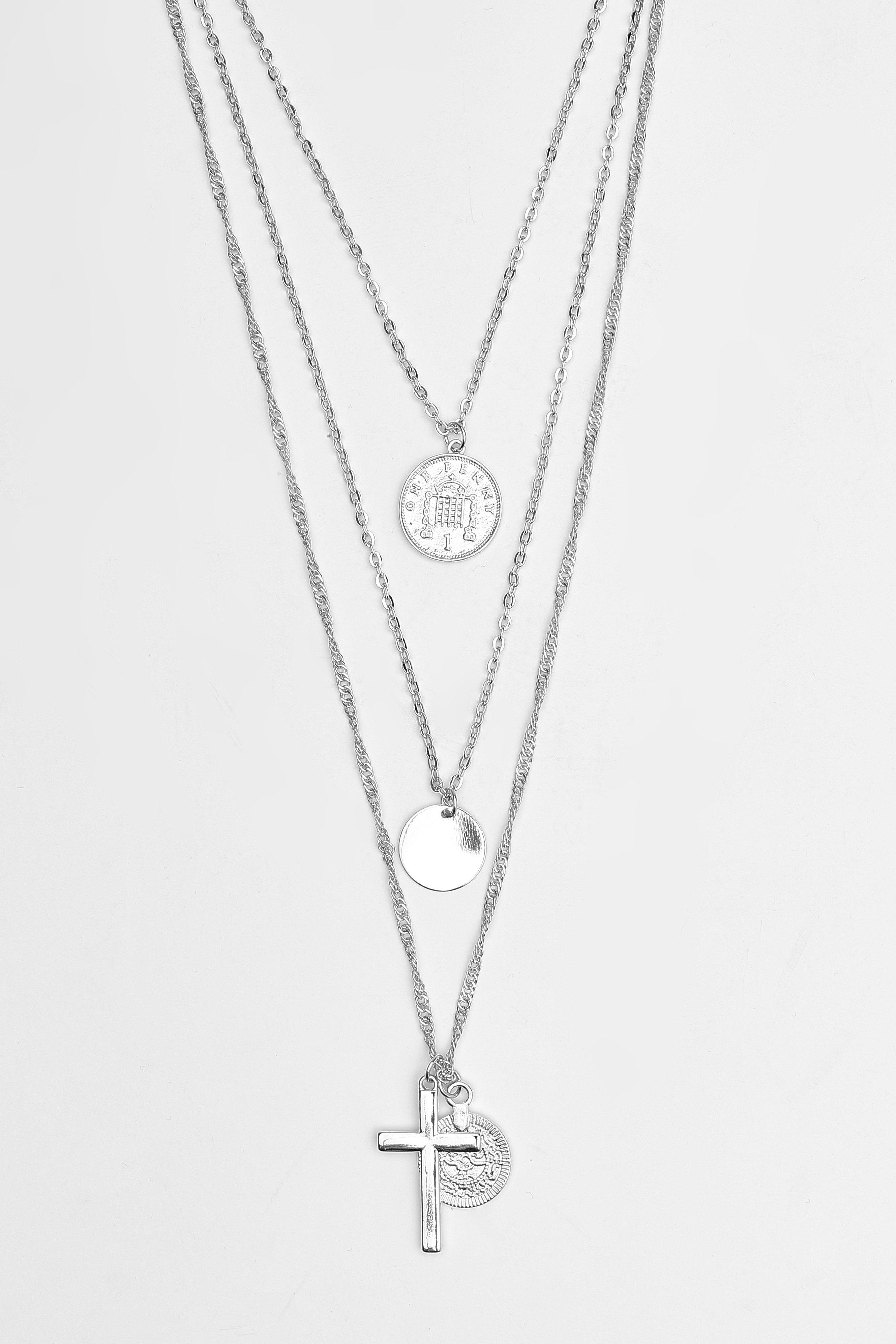 

Multi Layer Coin And Cross Necklace, Silver
