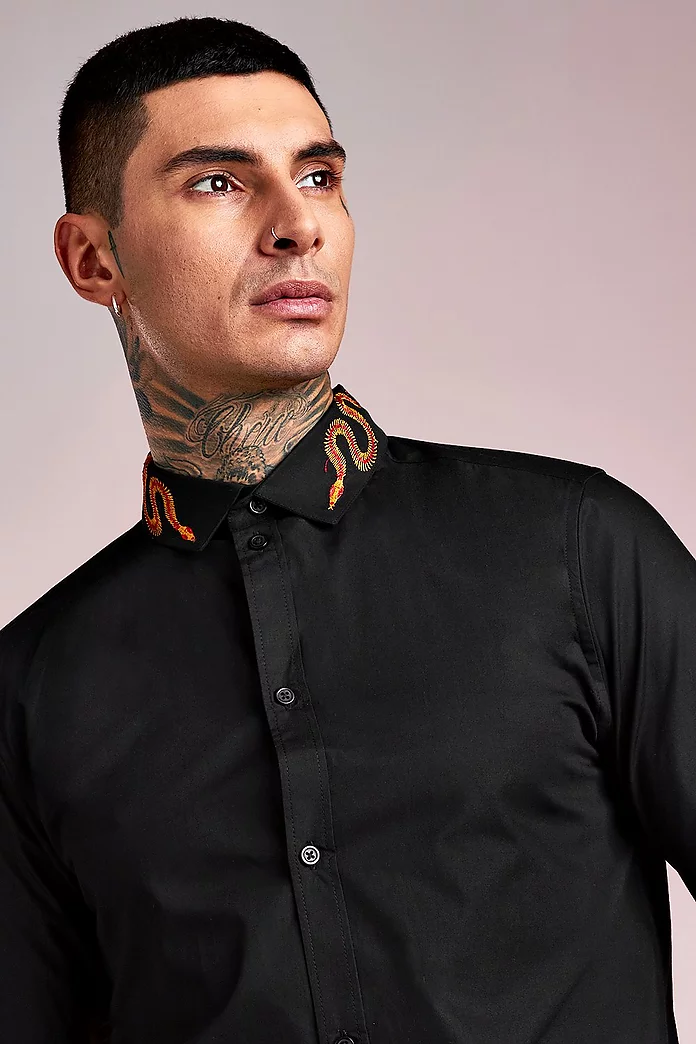 fabric cavity All Snake Embroidered Collar Long Sleeve Shirt | boohooMAN USA