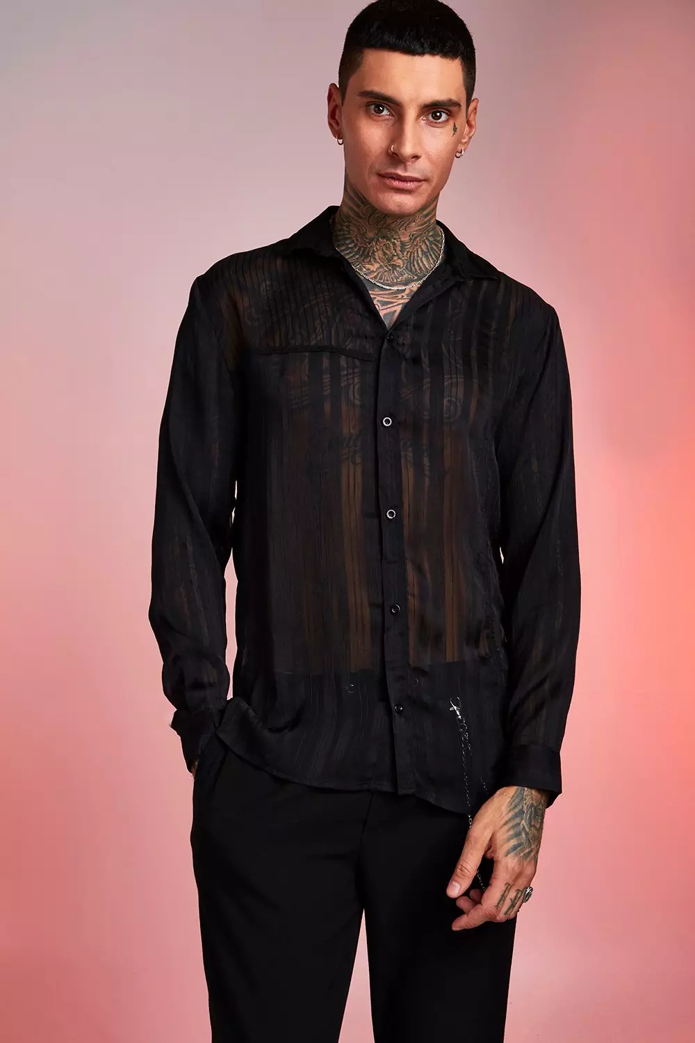 Loose Fit Long Sleeve Semi Sheer Stripe Shirt | boohooMAN USA