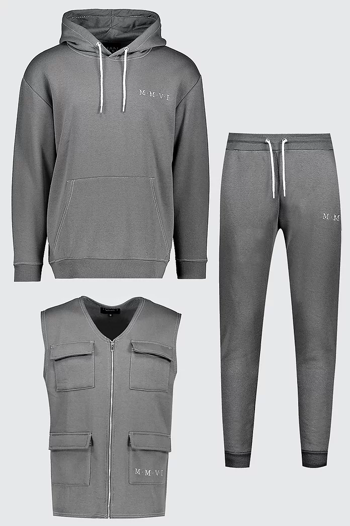 His 3 Piece Utility Tracksuit With Contrast Stitching | boohooMAN
