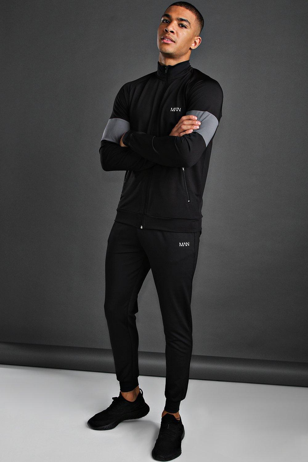 mens black skinny tracksuit