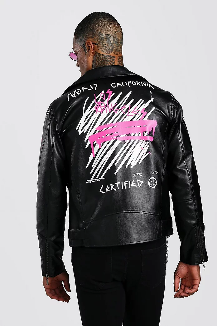 Seks Potentiel Kvadrant Leather Look Biker Jacket With Back Print | boohooMAN USA