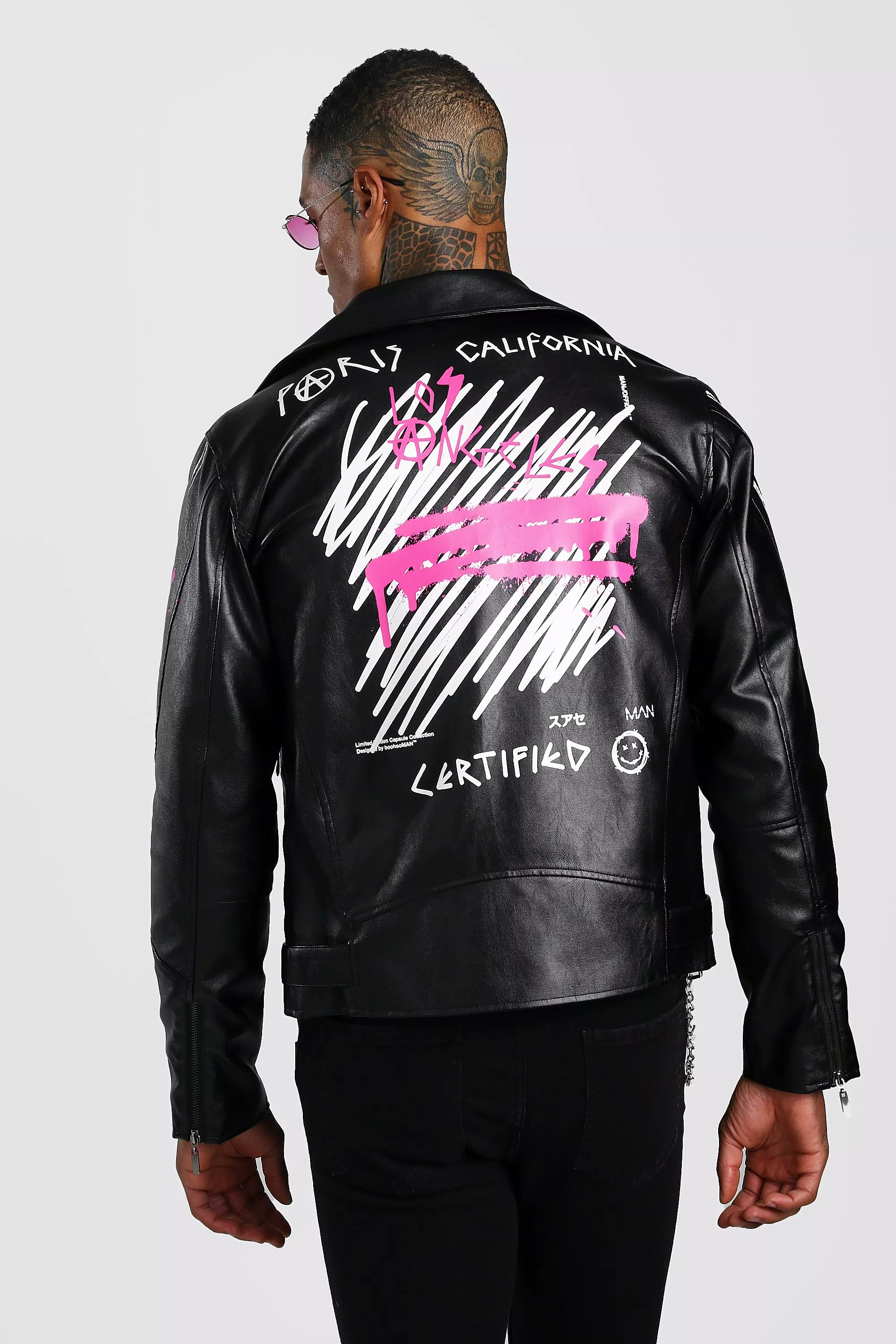 Leather biker jacket with mini monogram print