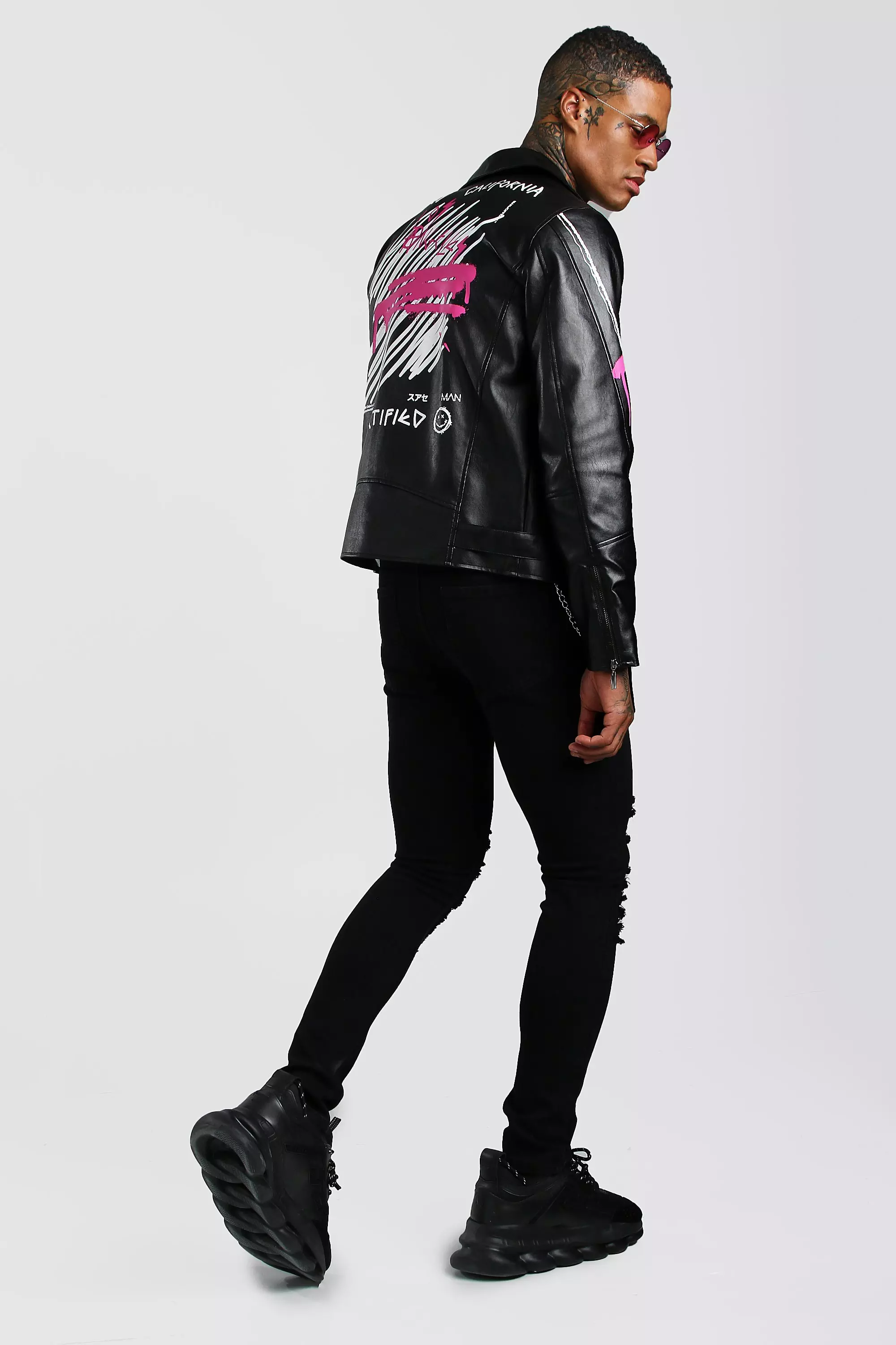 Leather Look Biker Jacket With Back Print