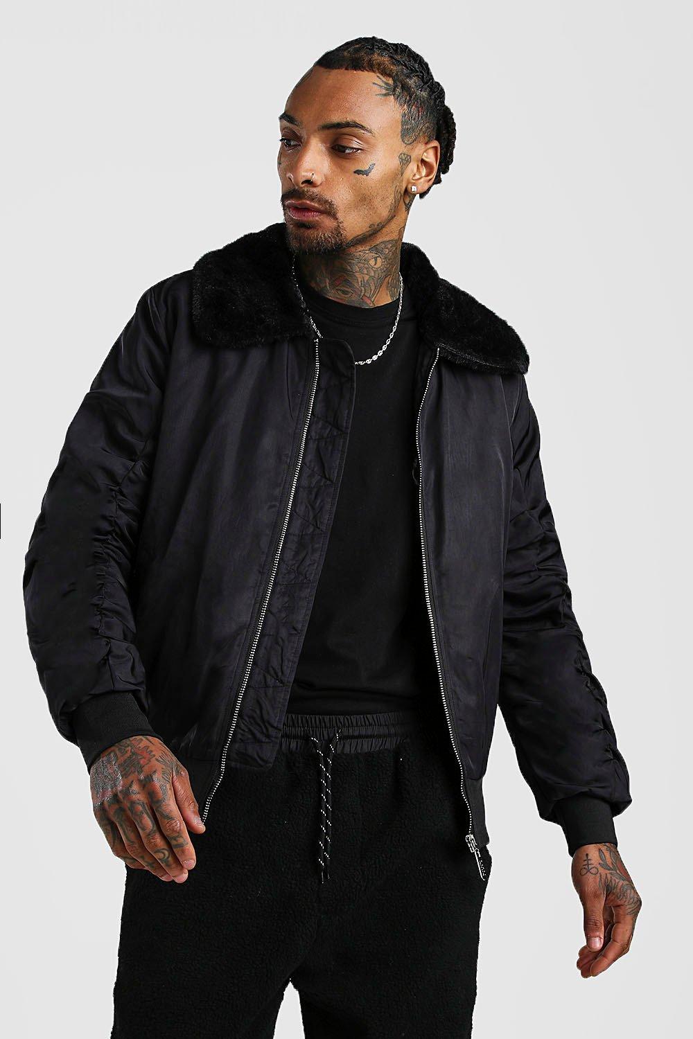 

Padded Bomber With Faux Fur Collar, Black