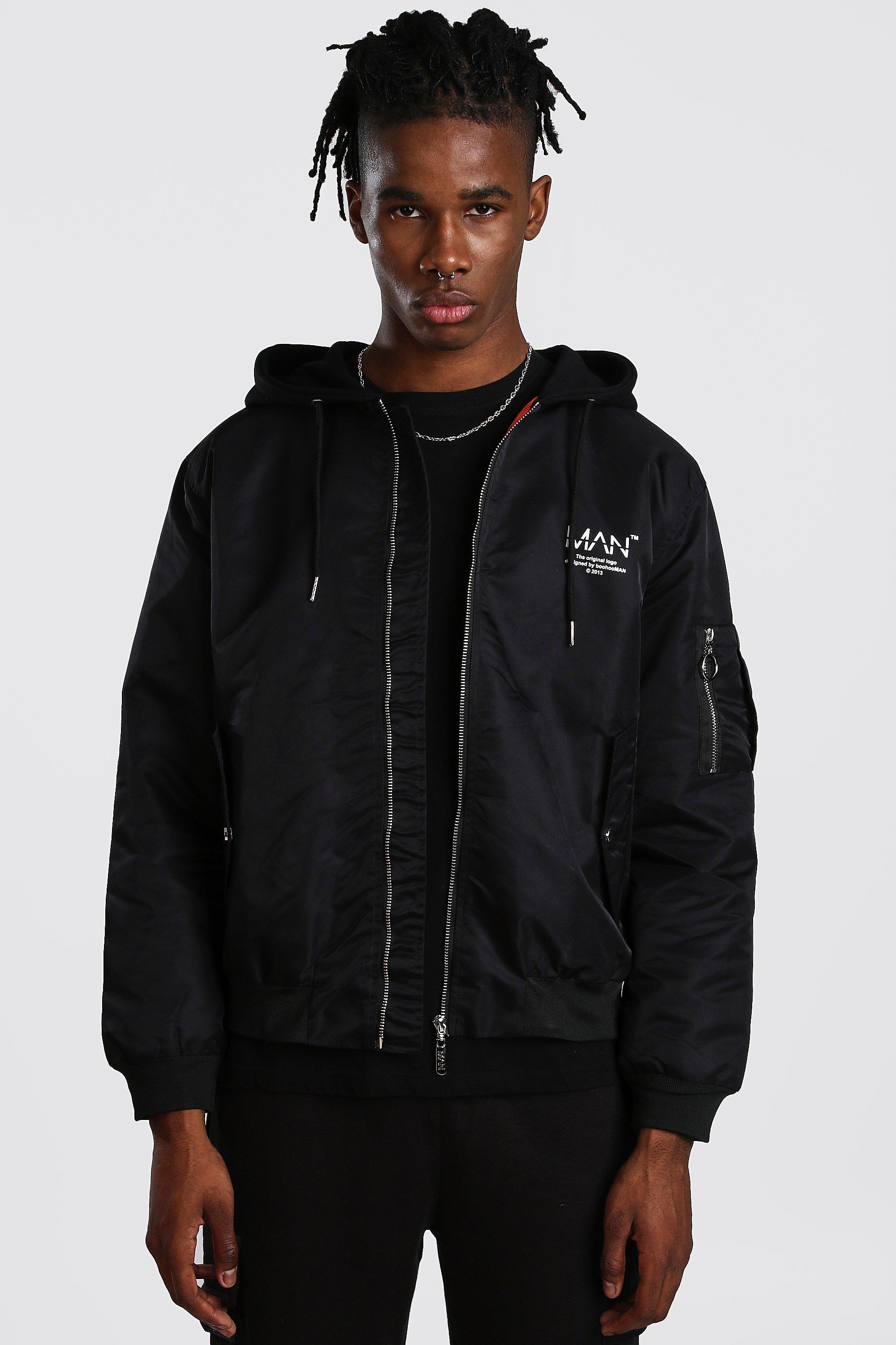 

MAN Utility Bomber Jacket With Jersey Hood, Black