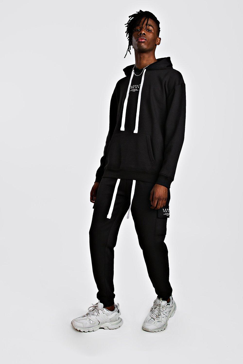 

MAN Utility Loose Fit Back Print Hooded Tracksuit, Black