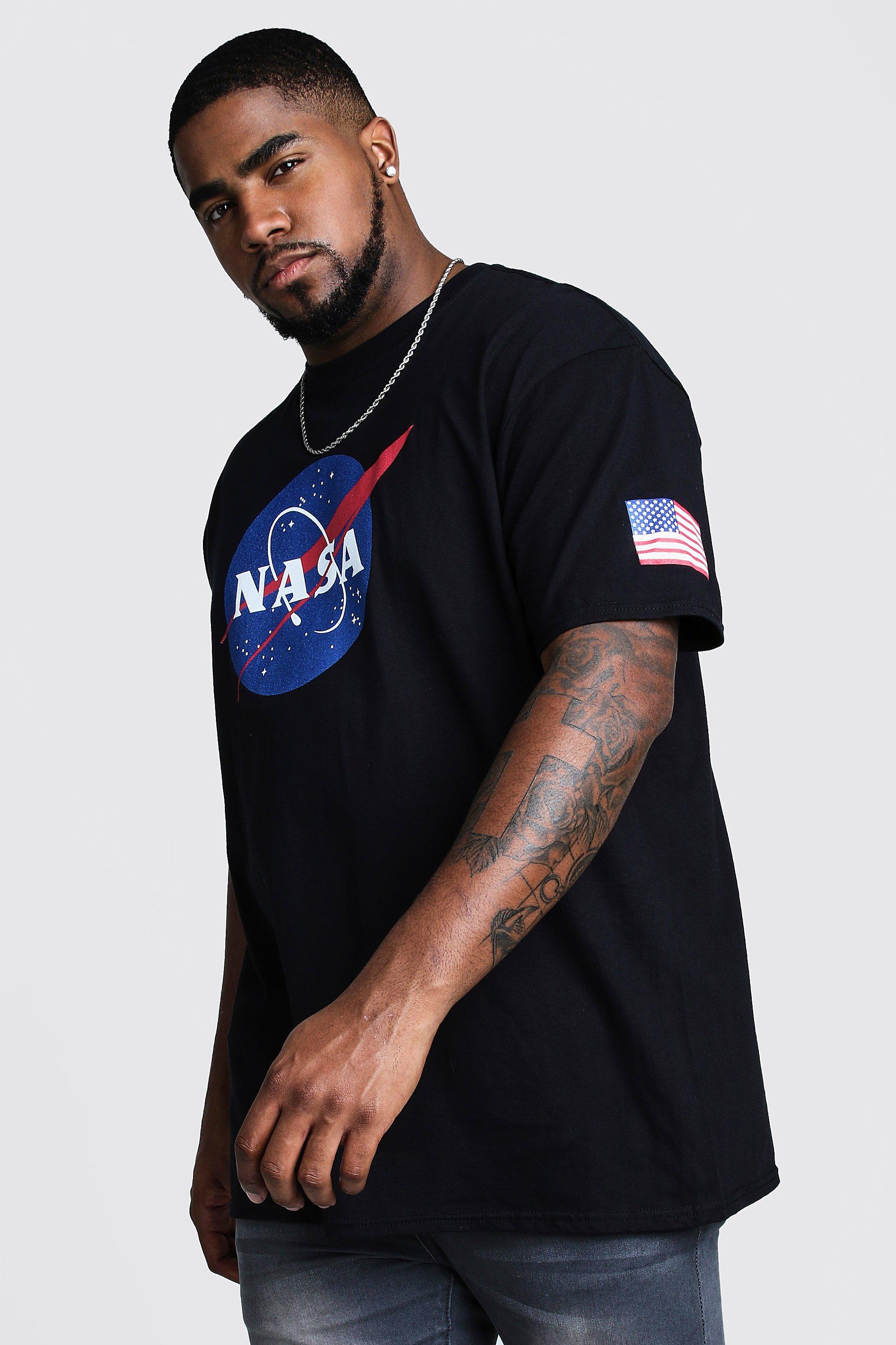 Mens Black Plus Size NASA Sleeve Print License T-Shirt, Black