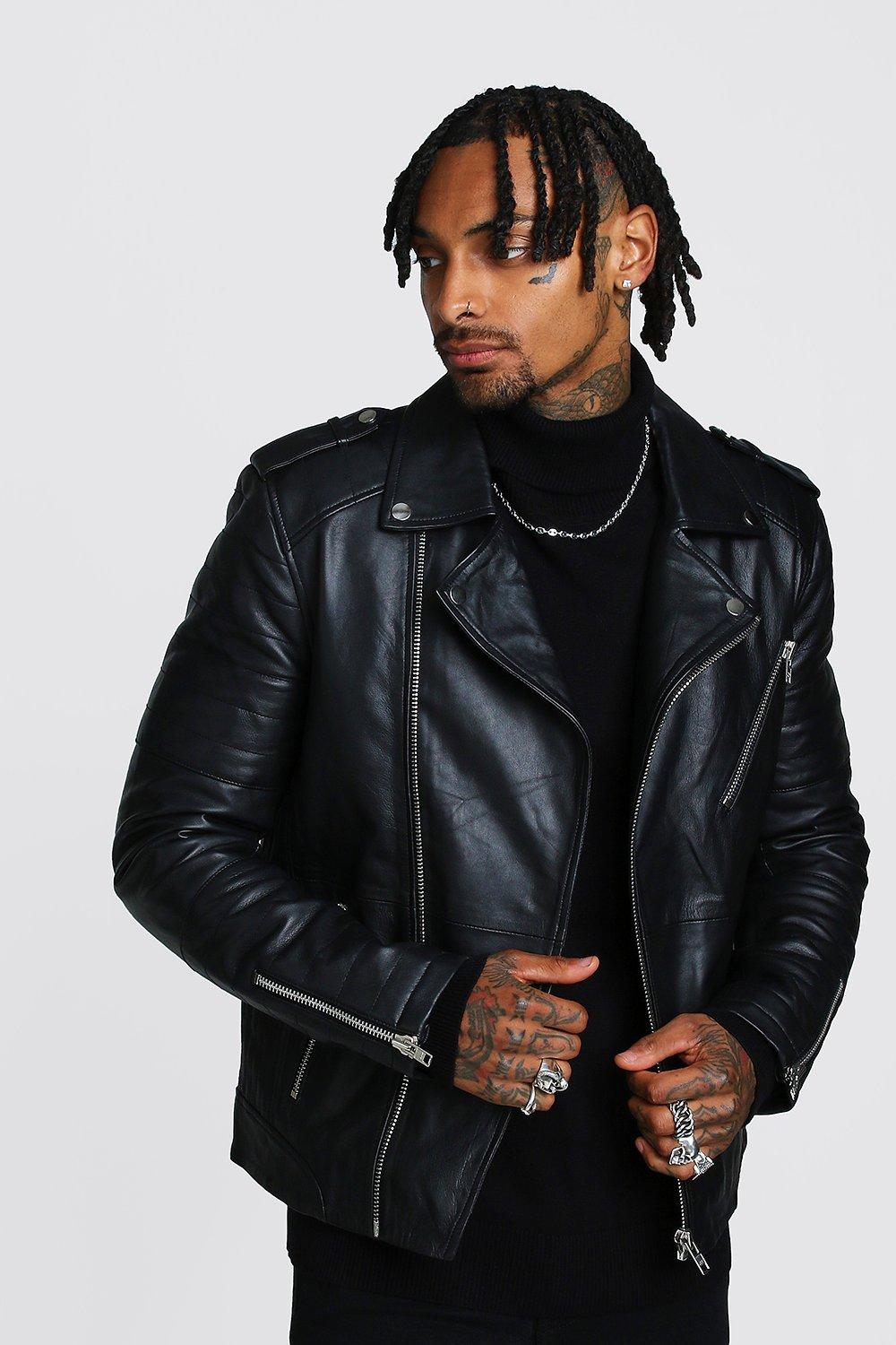 

Real Leather Biker Jacket With Zip Detail, Black