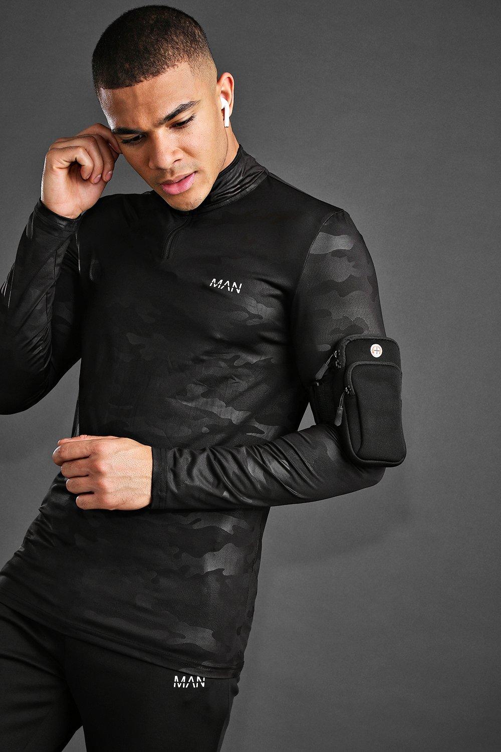 Mens Black Man Active Gym Muscle Fit 1/4 Zip Top, Black