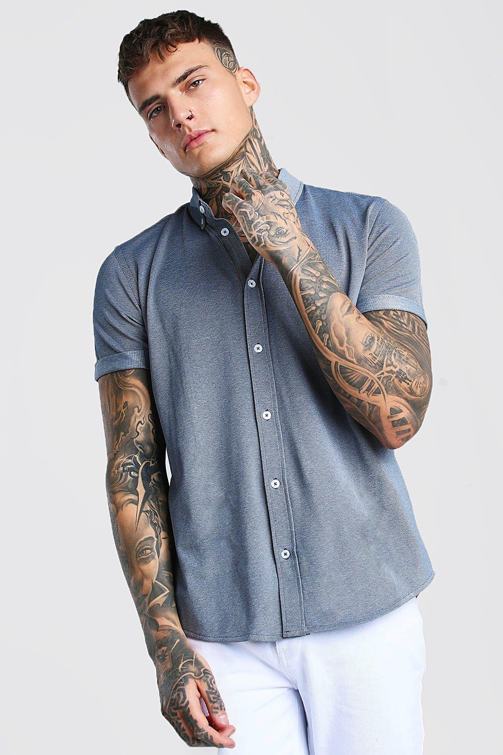 

Short Sleeve Regular Collar Pique Shirt, Blue