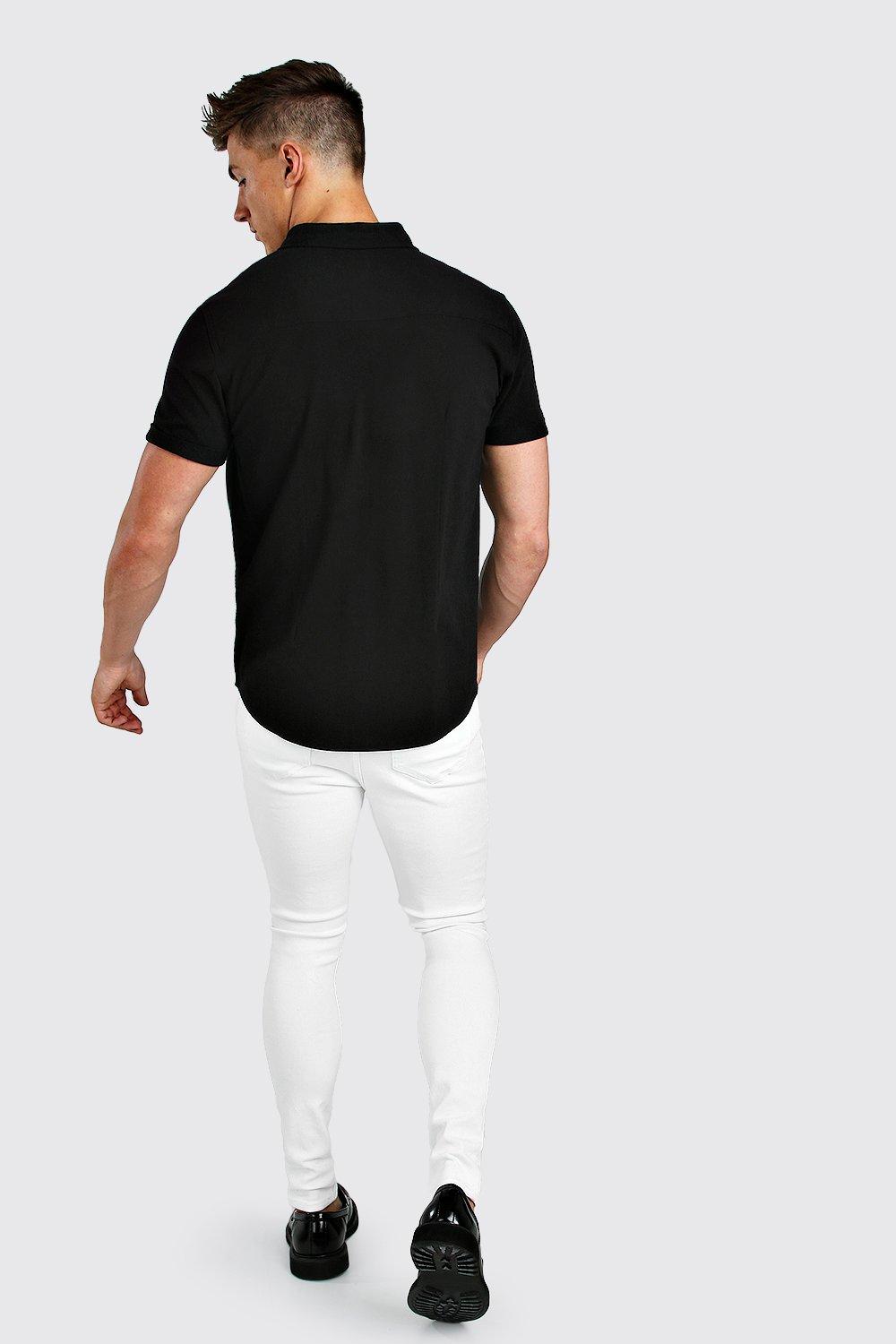 

Short Sleeve Regular Collar Pique Shirt, Black