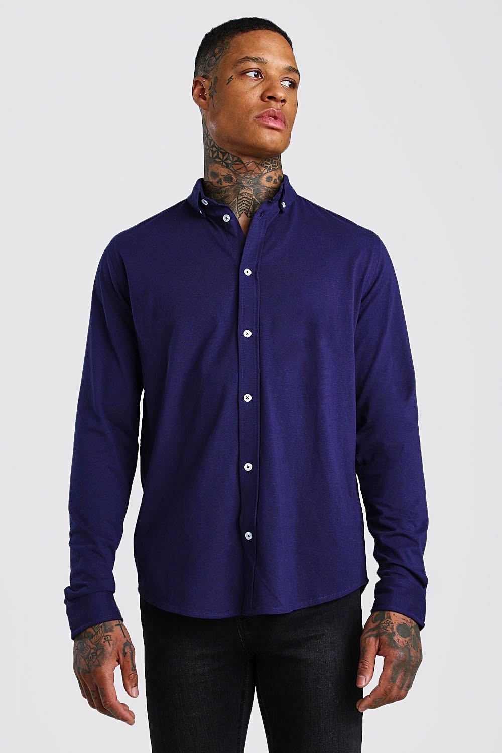 

Long Sleeve Regular Collar Jersey Shirt With Cuff, Navy