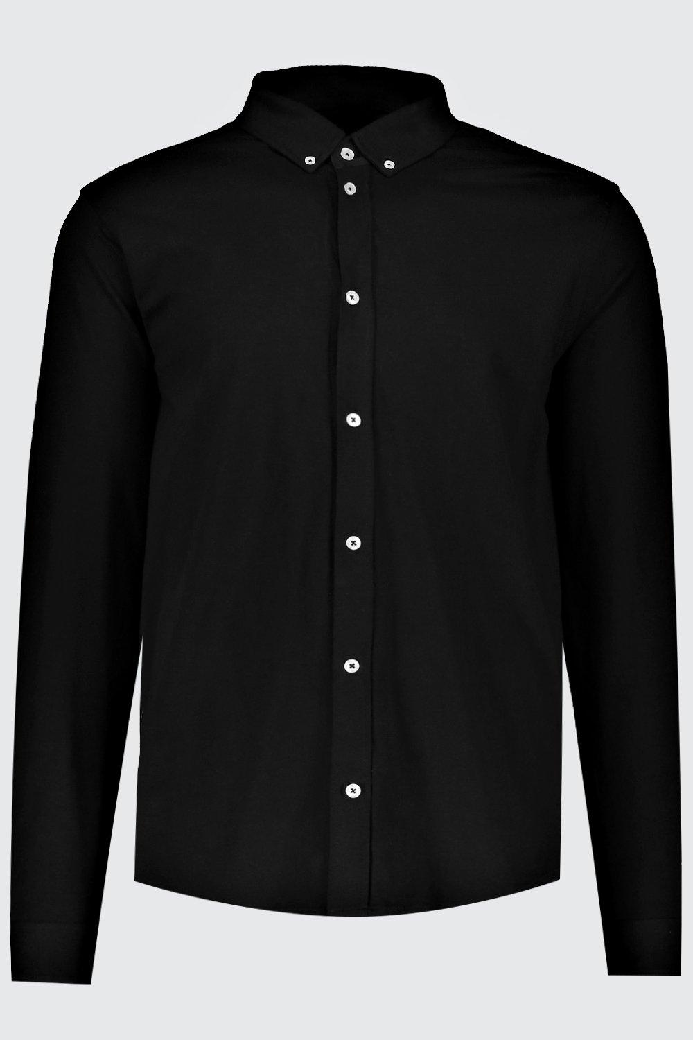 

Long Sleeve Regular Collar Jersey Shirt With Cuff, Black