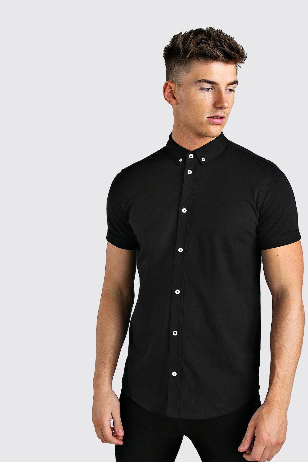 

Short Sleeve Regular Collar Jersey Shirt, Black