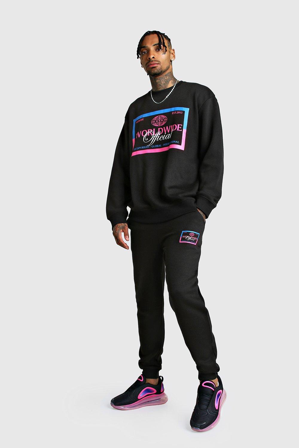 

MAN Print Loose Fit Sweater Tracksuit, Black
