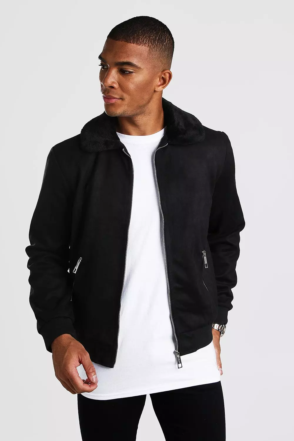 Mens suede jacket with fur clearance collar