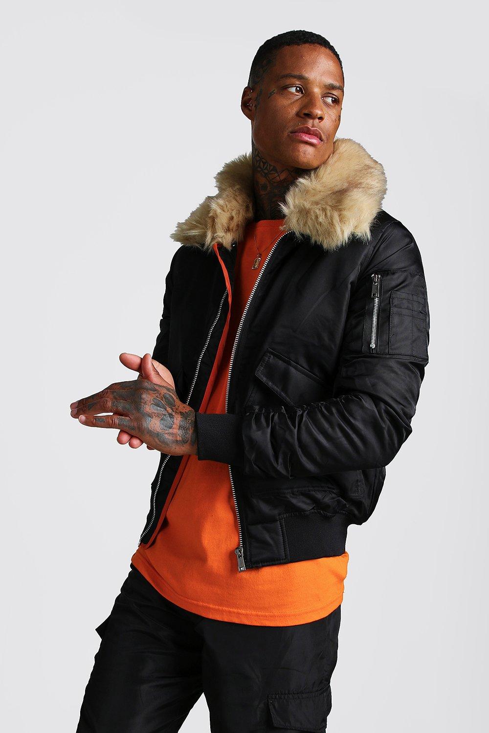 

Aviator Jacket with Faux Fur Collar, Black