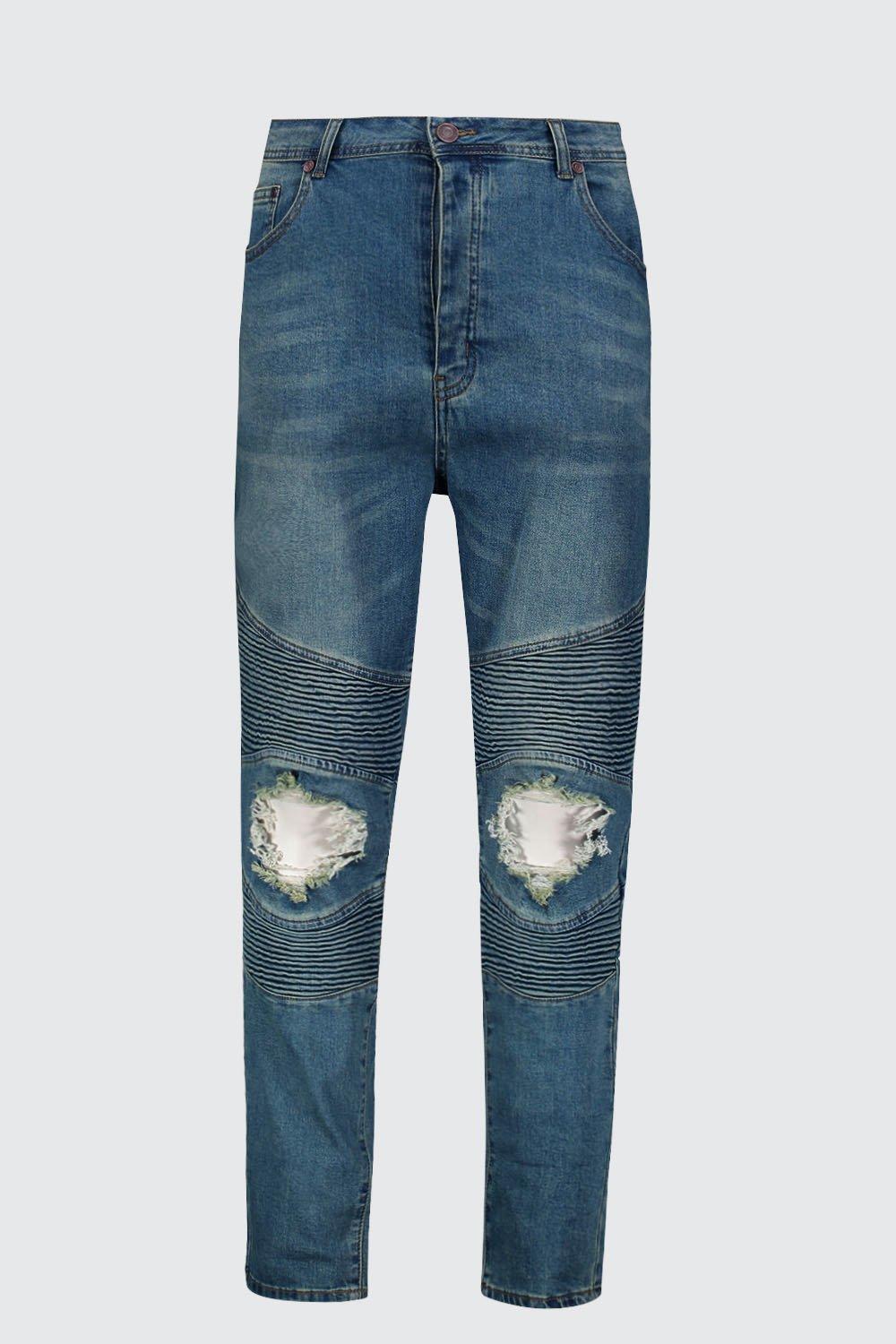 

Big And Tall Skinny Busted Knee Biker Jean, Mid blue