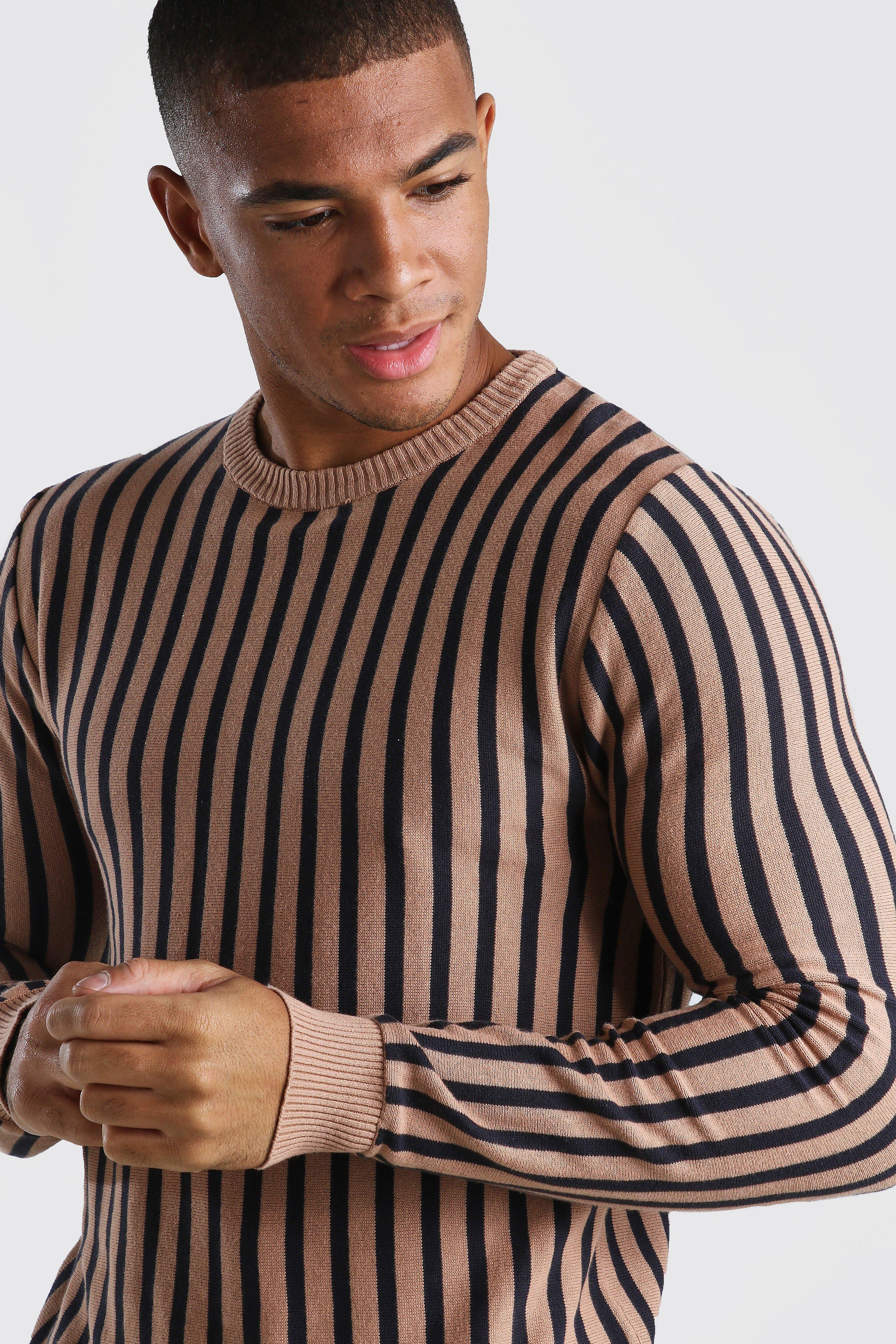 

Vertical Stripe Crew Neck Jumper, Camel