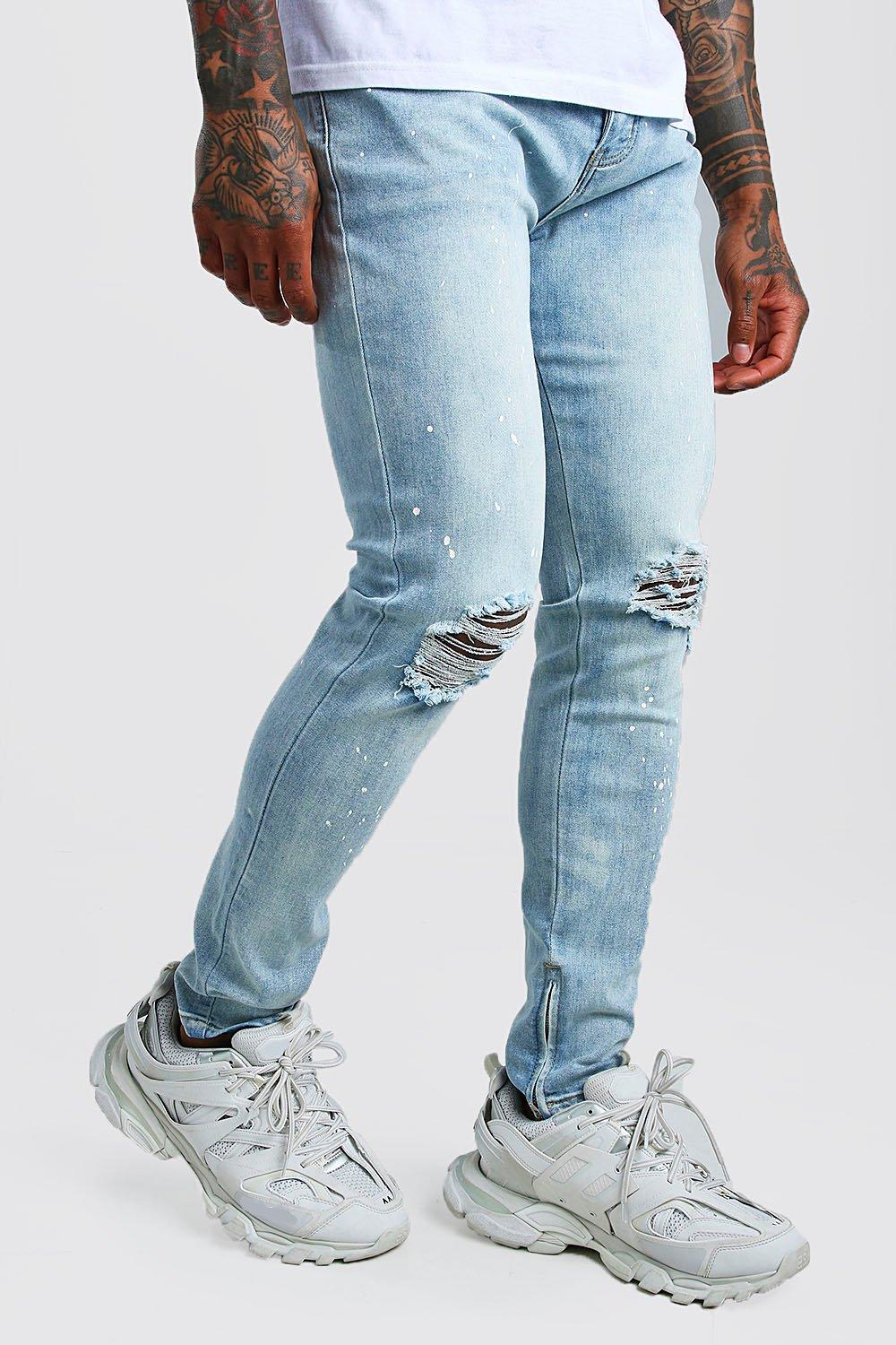 

Skinny Jeans With Paint Splat & Zip Ankles, Light blue