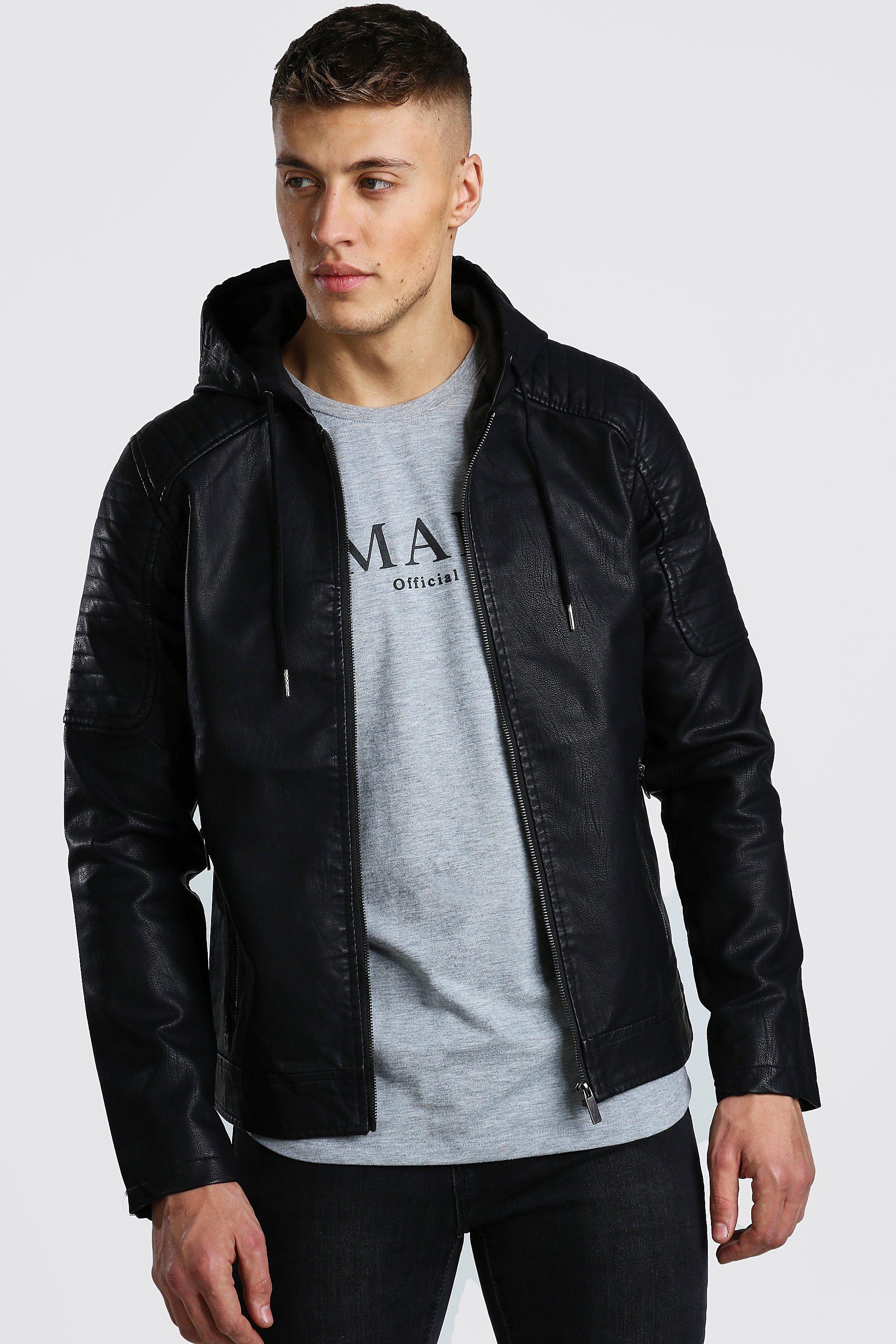 black faux leather hooded jacket