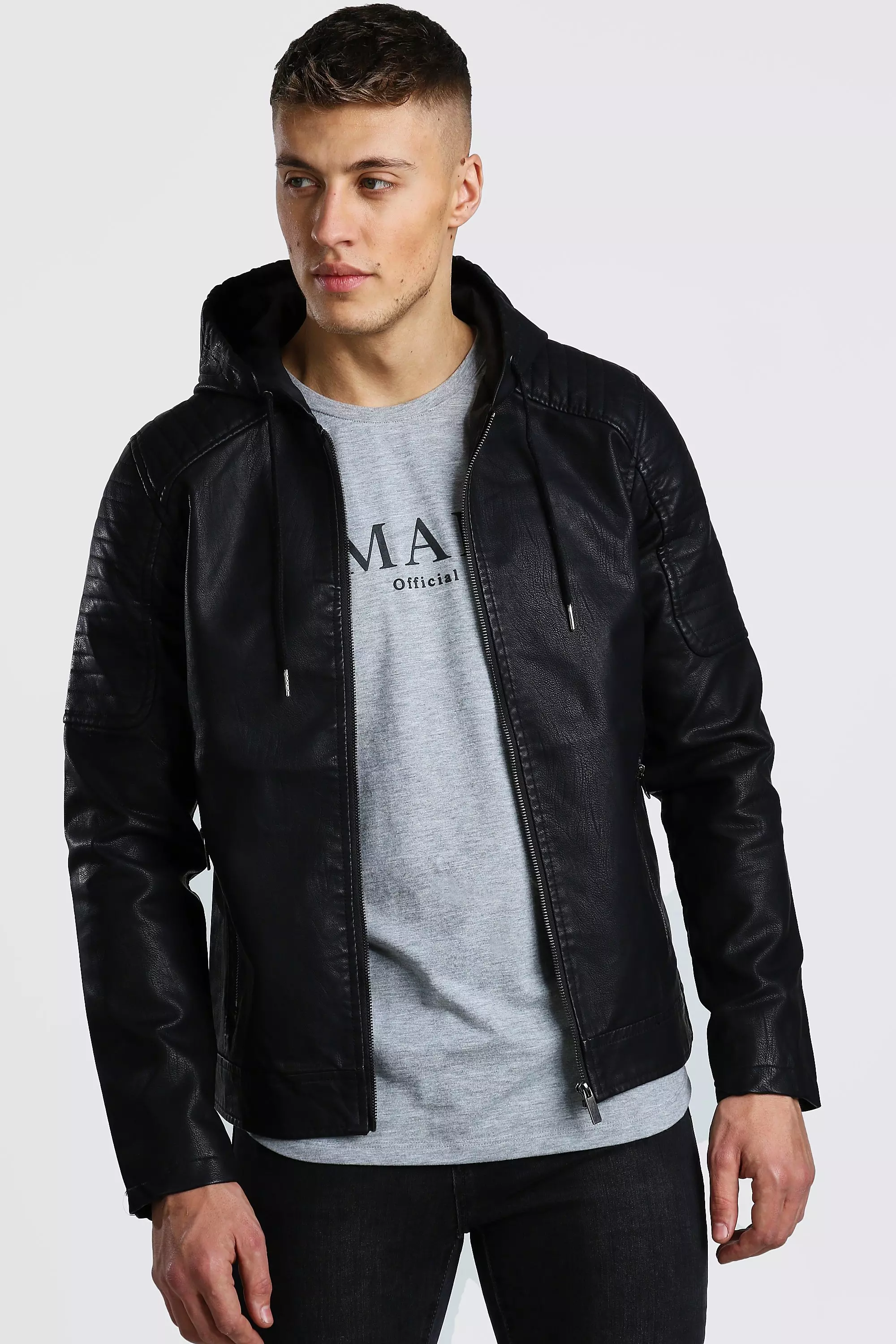 Black hooded faux leather best sale biker jacket