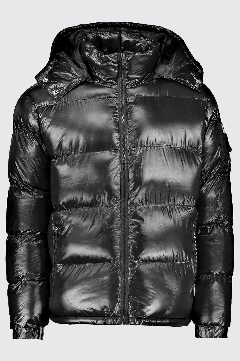 black high shine puffer jacket with fur hood