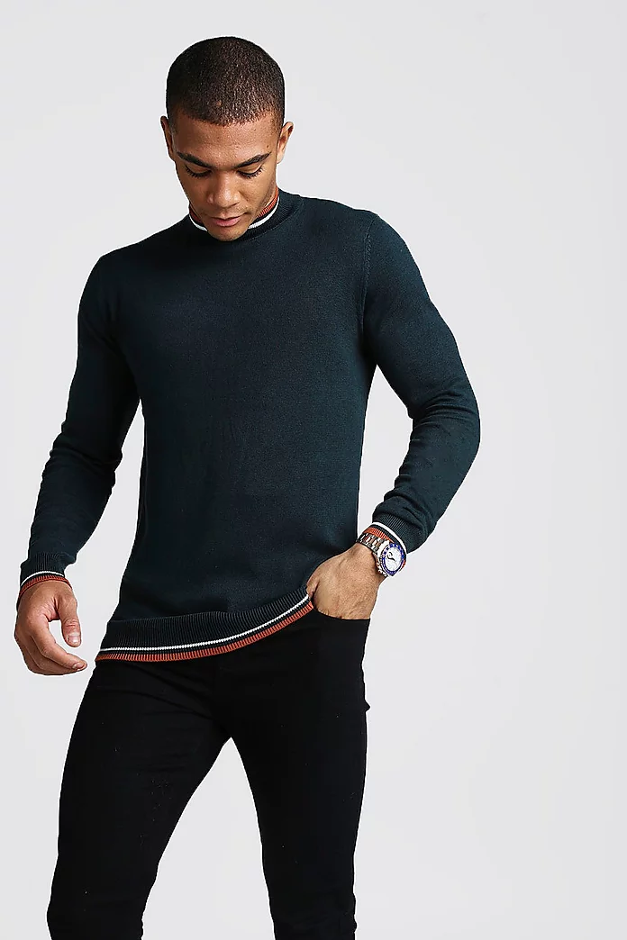 High Neck Jumper With Tipping | boohooMAN USA