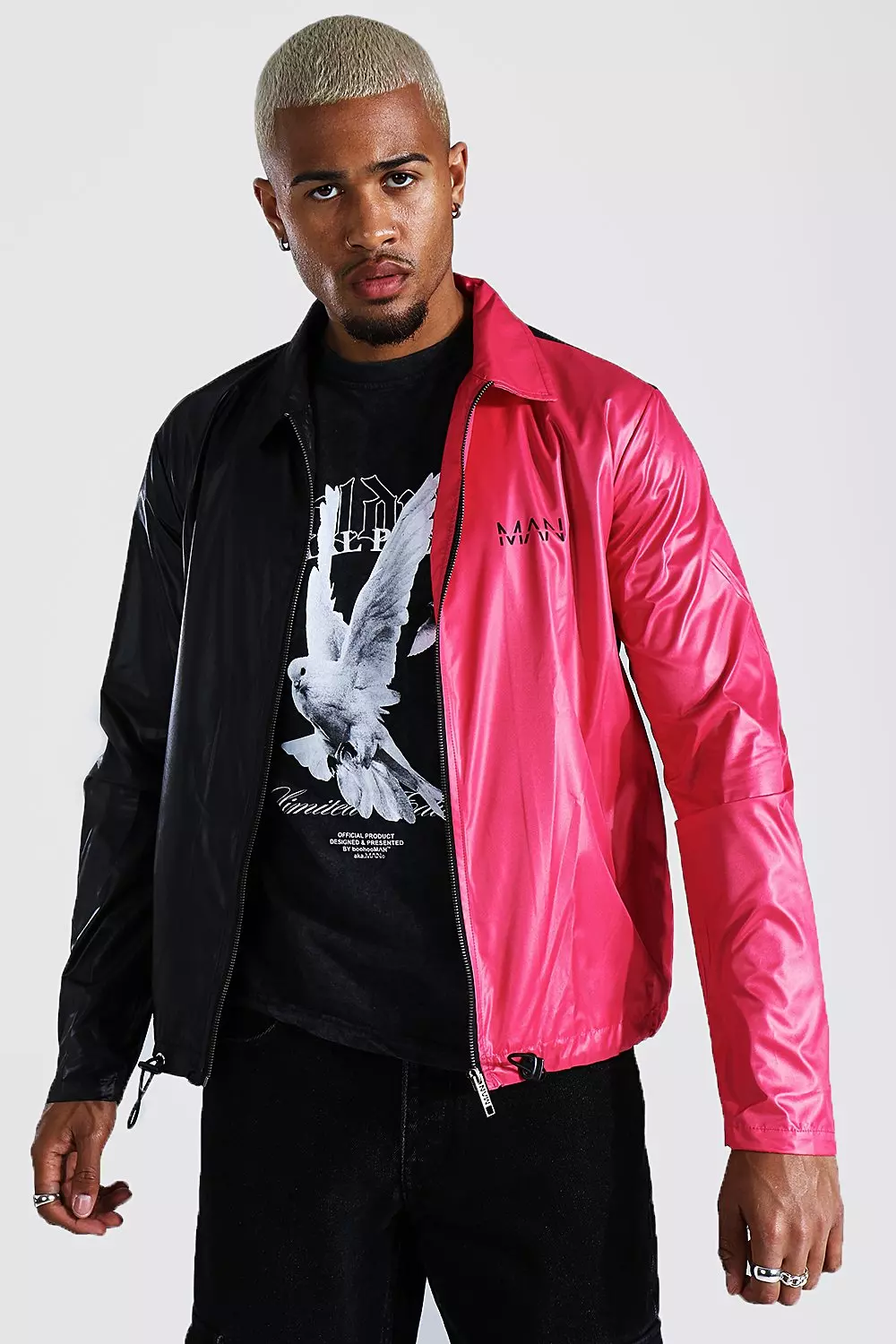 Half And Half Coach Jacket With Chest Print boohooMAN