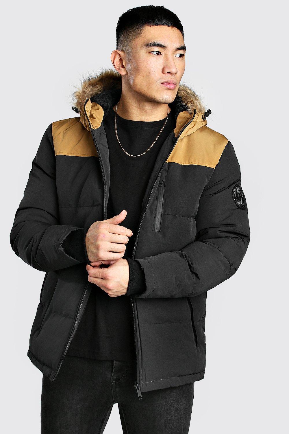 parka coat with coloured fur hood