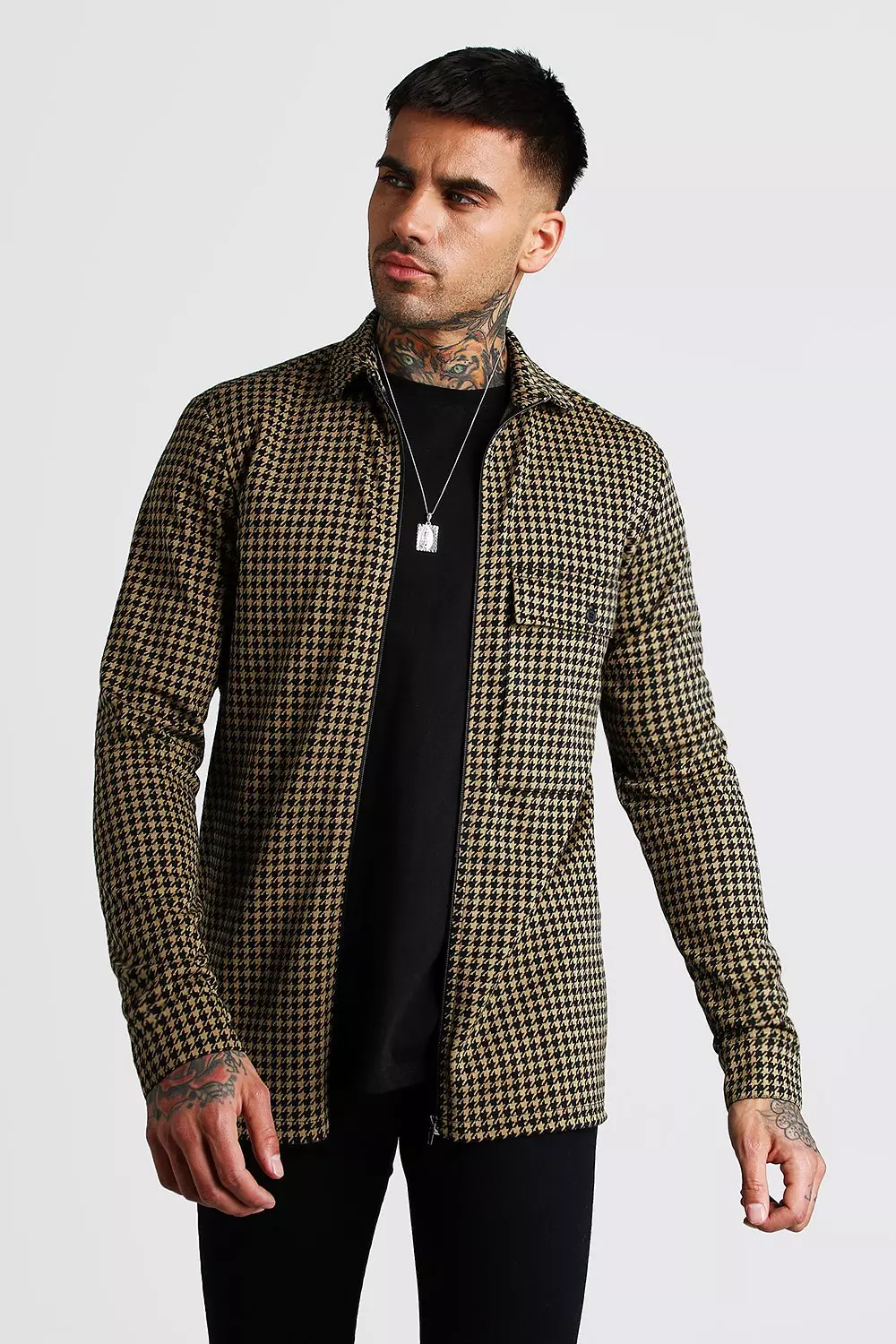 Dogtooth Jacquard Zip Through Shacket | boohooMAN USA