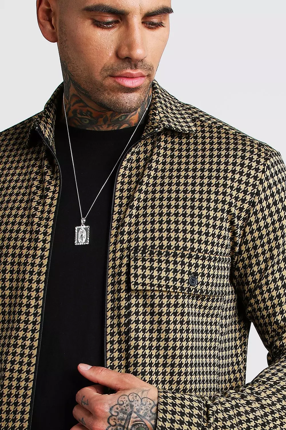 Dogtooth Jacquard Zip Through Shacket | boohooMAN USA