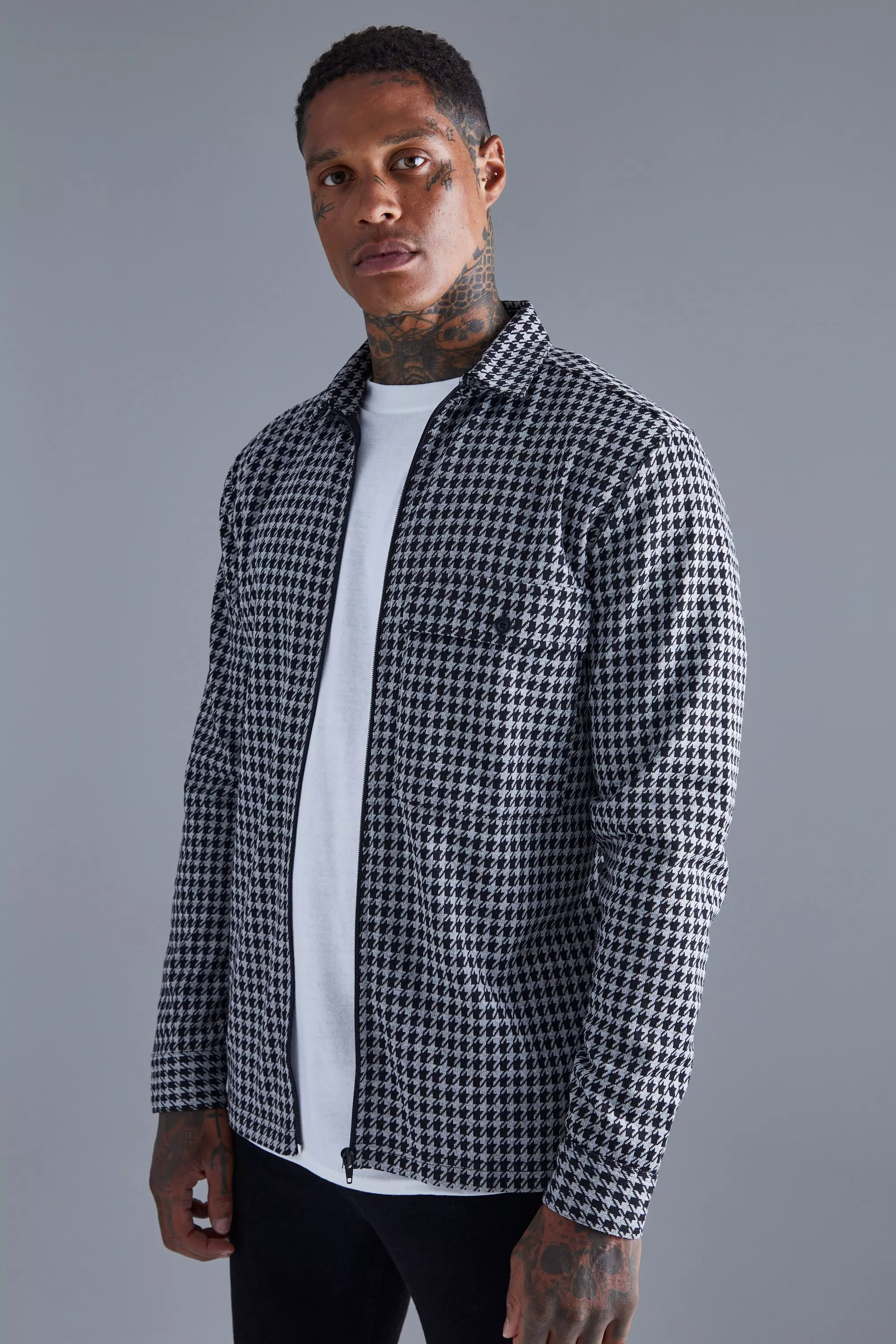 Dogtooth Jacquard Zip Through Overshirt