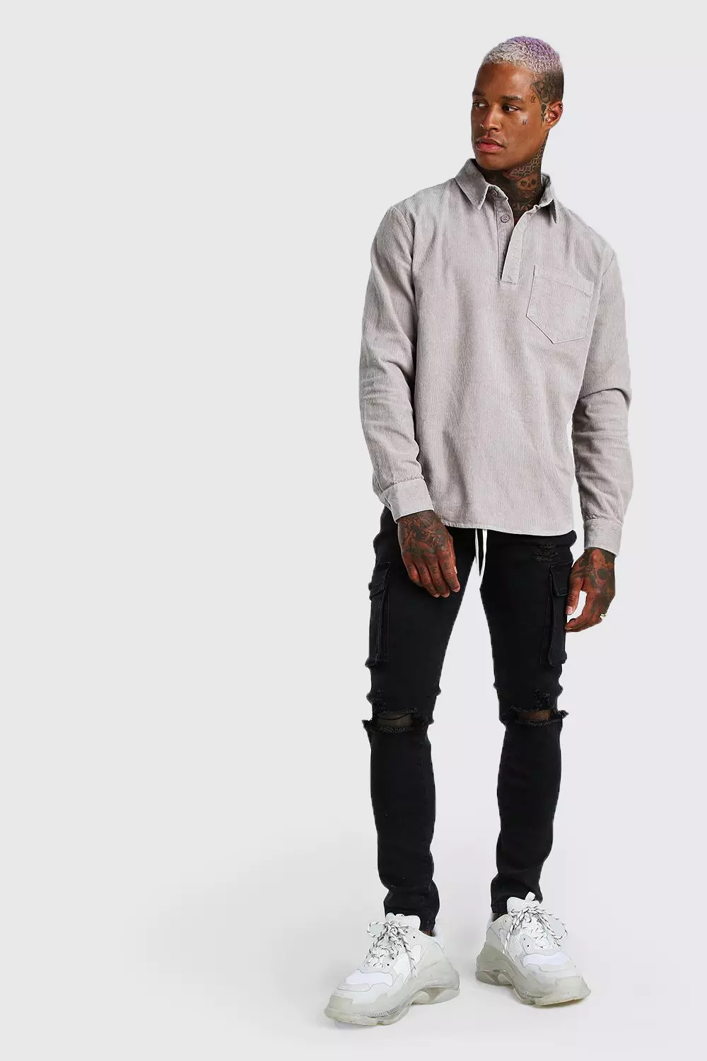 Long Sleeved Half Placket Cord Shirt boohooMAN USA